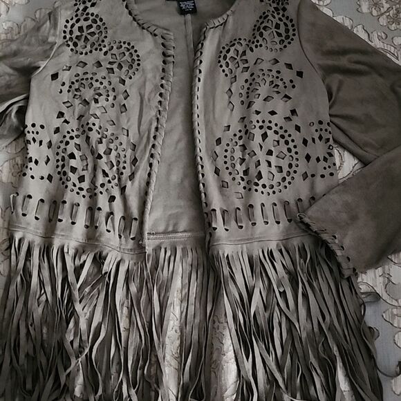 Vintage Soft Fringed Olive Green Cutwork Open Jacket Size M - Picture 2 of 7